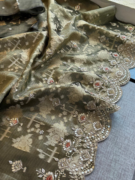 Soft Tissue Banarasi Silk Saree with Pearl & Gotapatti Embroidery