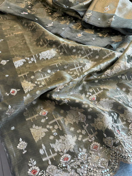Soft Tissue Banarasi Silk Saree with Pearl & Gotapatti Embroidery