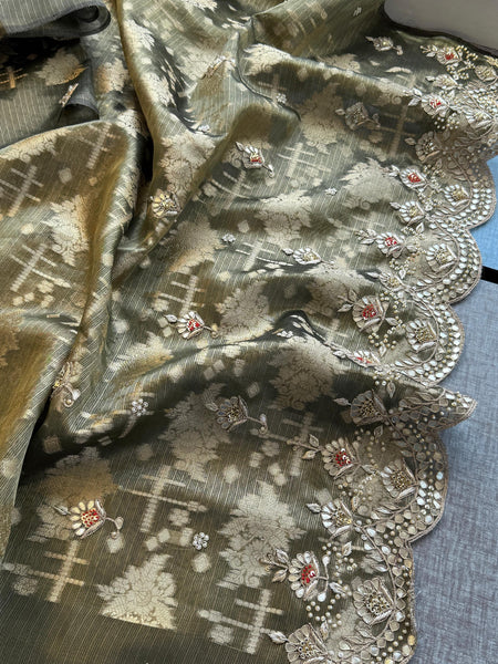 Soft Tissue Banarasi Silk Saree with Pearl & Gotapatti Embroidery