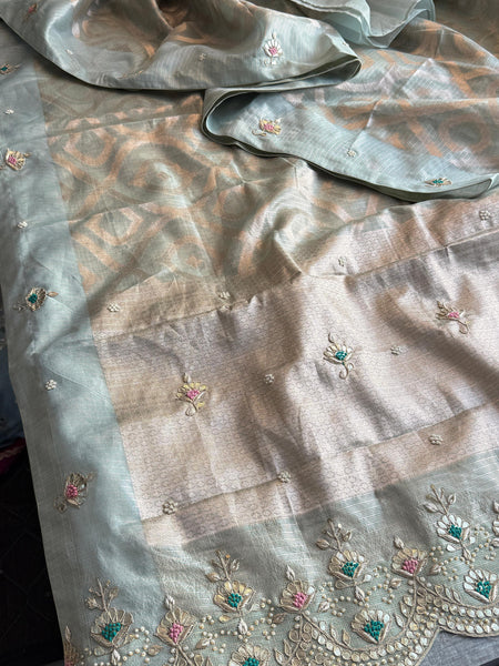 Soft Tissue Banarasi Silk Saree with Pearl & Gotapatti Embroidery