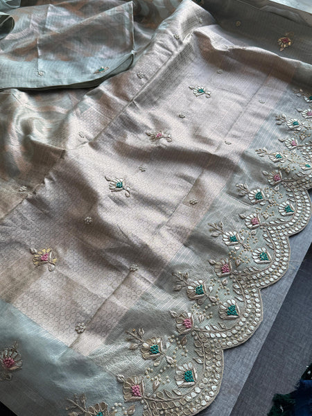 Soft Tissue Banarasi Silk Saree with Pearl & Gotapatti Embroidery