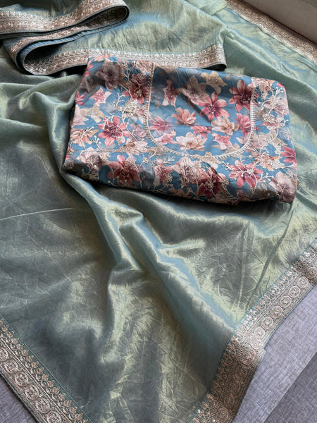 Cosmo Tissue Silk Saree with Zari & Sequins Border Detailing