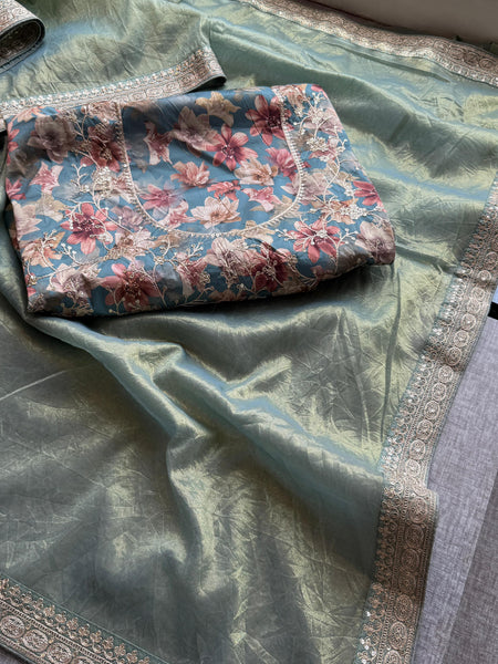 Cosmo Tissue Silk Saree with Zari & Sequins Border Detailing