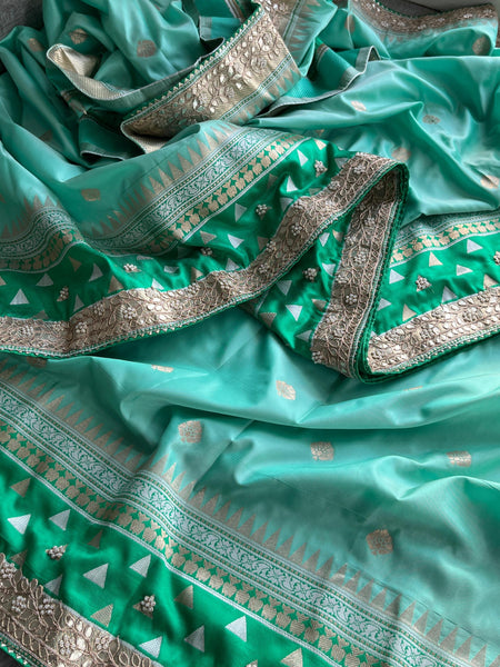 Munga Patola Silk Saree with Gotapatti & Pearl Embroidery