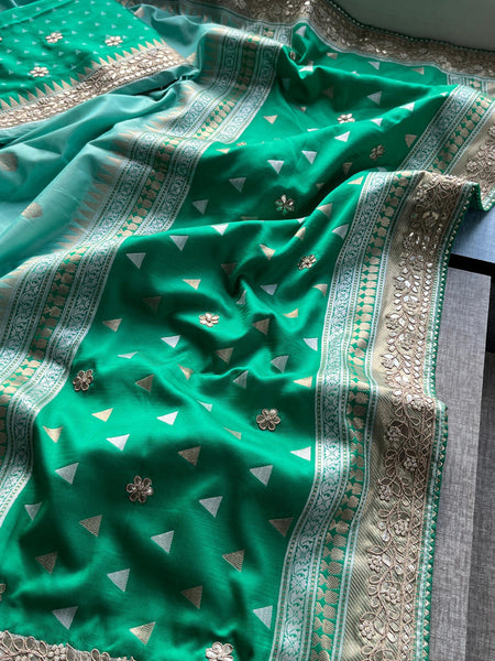 Munga Patola Silk Saree with Gotapatti & Pearl Embroidery