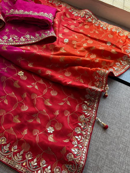 Munga Banarasi Silk Saree with Pearl, Gotapatti & Kutdana