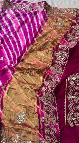 Pure Gajji Silk Leheriya Saree with Pearl & Zardozi Detailing