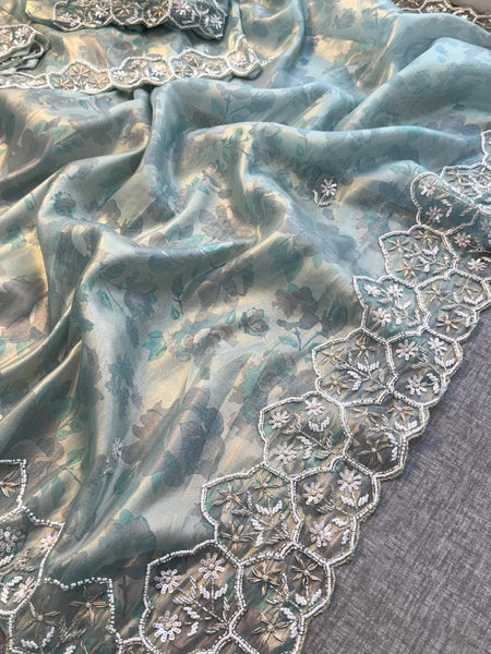 Soft Tissue Net Saree with Zardozi, Pearl & Kutdana Embroidery