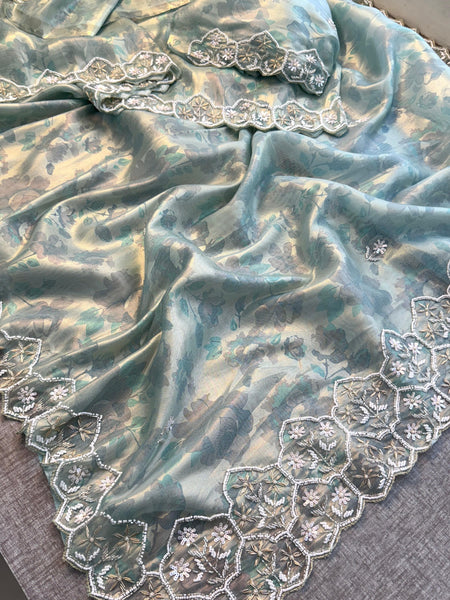 Soft Tissue Net Saree with Zardozi, Pearl & Kutdana Embroidery