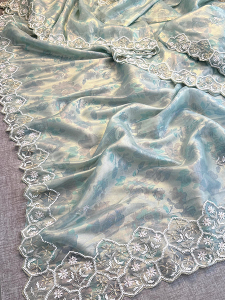 Soft Tissue Net Saree with Zardozi, Pearl & Kutdana Embroidery
