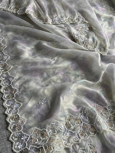 Soft Tissue Net Saree with Zardozi, Pearl & Kutdana Embroidery