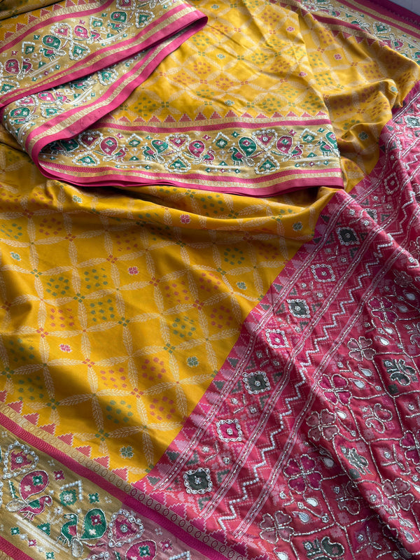 Patola Munga Banarasi Silk Saree with Zardozi & Pearl Work