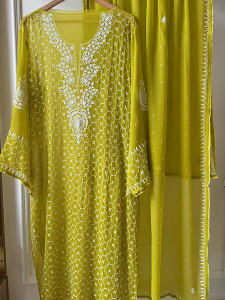 Chiffon Kurta Dupatta Set with Pearl & Katdana Work