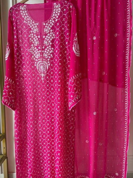 Chiffon Kurta Dupatta Set with Pearl & Katdana Work