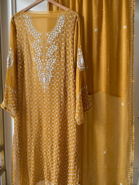 Chiffon Kurta Dupatta Set with Pearl & Katdana Work