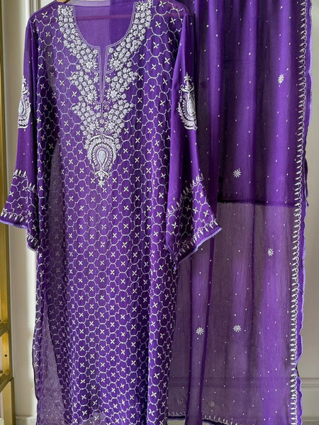 Chiffon Kurta Dupatta Set with Pearl & Katdana Work