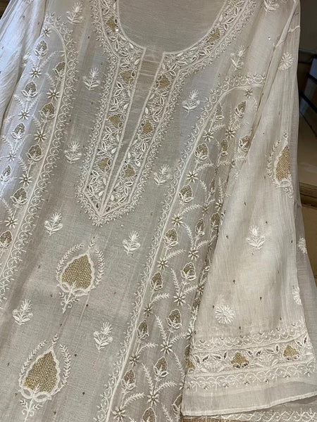 Pure Mul Chanderi Kurta Set with Pearl & Katdana Embroidery