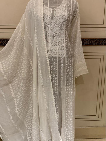 Mul Chanderi Anarkali Set with Jaal Dupatta & Katdana Work