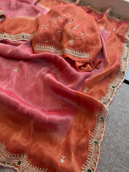 Soft Tissue Munga Silk Saree with Zardozi Embellishment