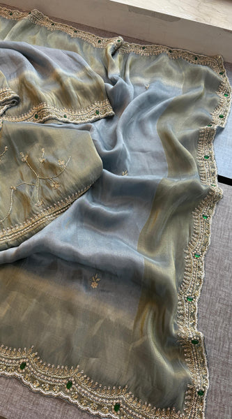 Soft Tissue Munga Silk Saree with Zardozi Embellishment