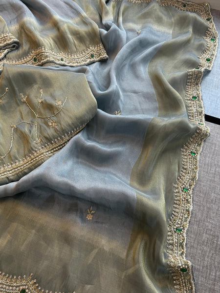 Soft Tissue Munga Silk Saree with Zardozi Embellishment