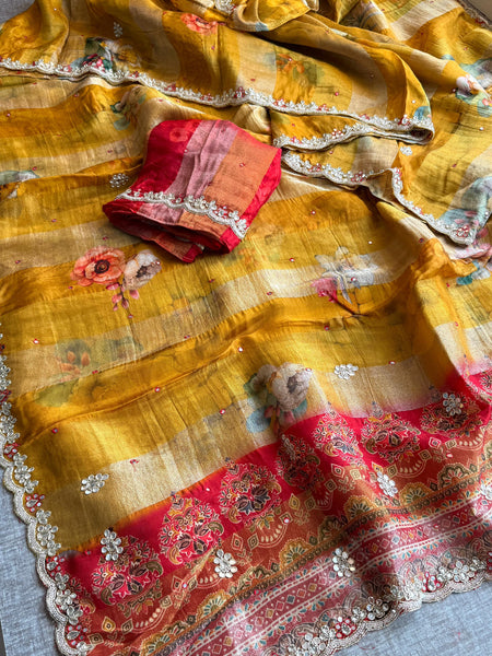 Digital Print Tissue Munga Silk Saree with Kasab Embroidery