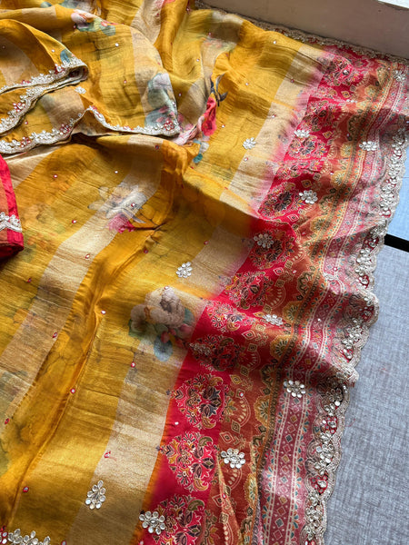 Digital Print Tissue Munga Silk Saree with Kasab Embroidery