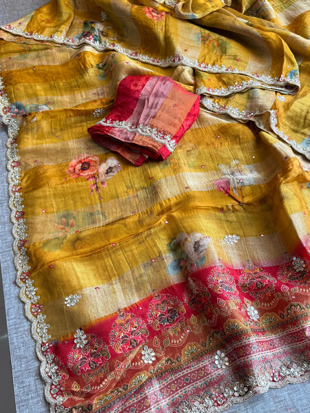 Digital Print Tissue Munga Silk Saree with Kasab Embroidery