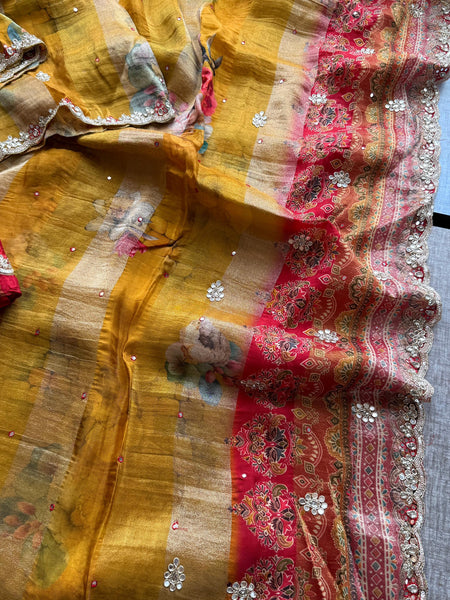 Digital Print Tissue Munga Silk Saree with Kasab Embroidery