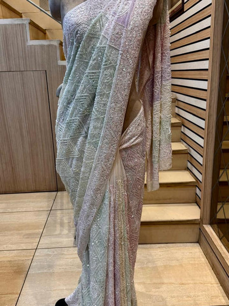 Luxury Pure Georgette Wedding Saree with Pearl & Katdana Work