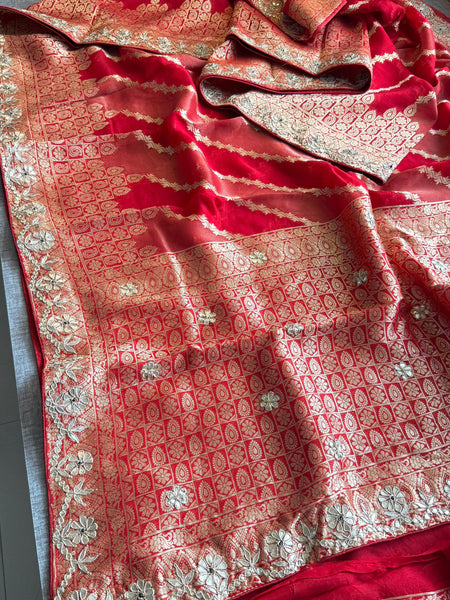 Pure Munga Silk Banarasi Wedding Saree with Zardozi & Pearl Work