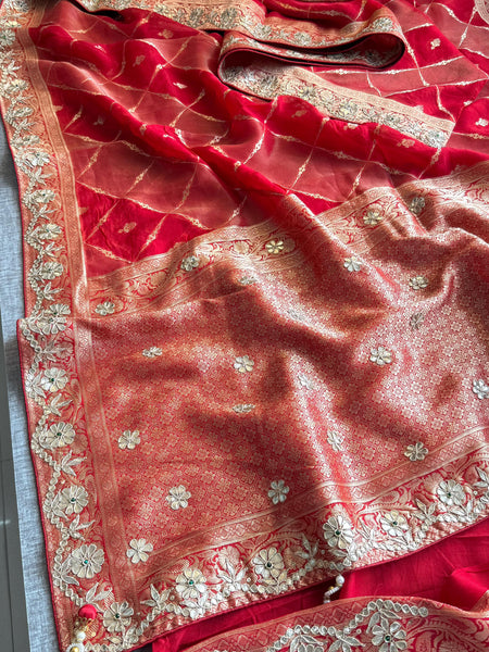 Pure Munga Silk Banarasi Wedding Saree with Zardozi & Pearl Work