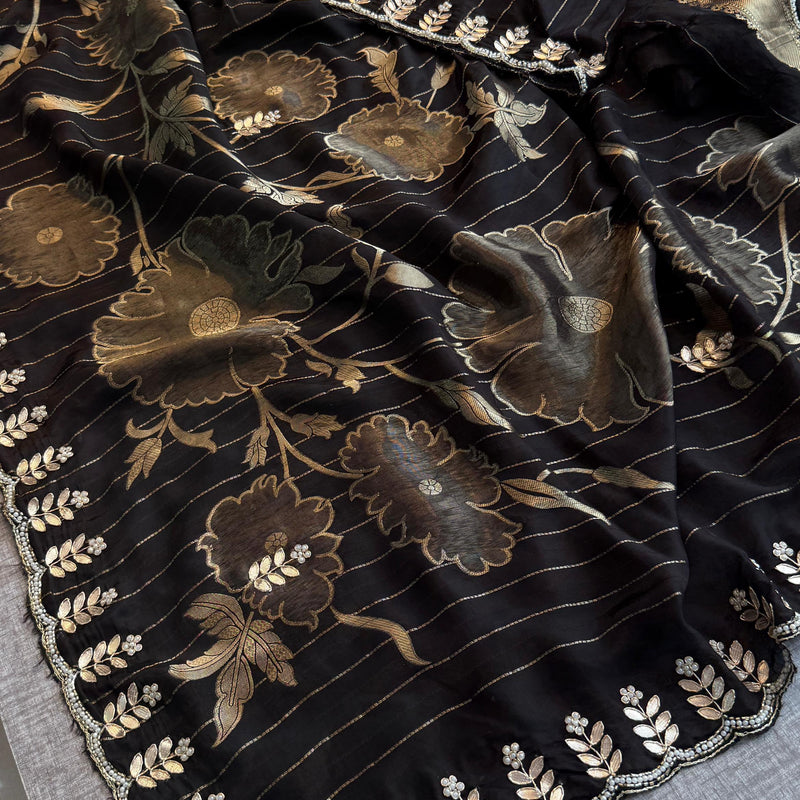 Pure Crepe Silk Banarasi Saree with Zardozi, Pearl & Sequins Work