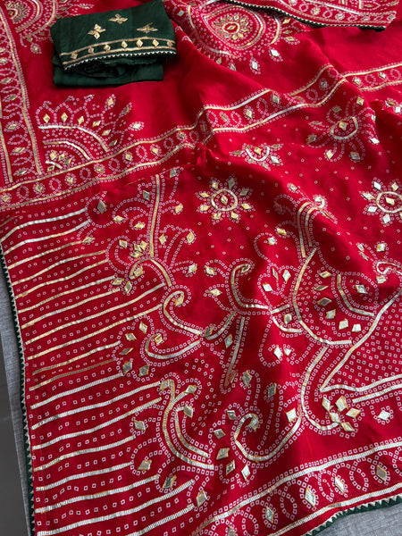 Pure Munga Silk Saree with Traditional Sikhiya Gotapatti Work