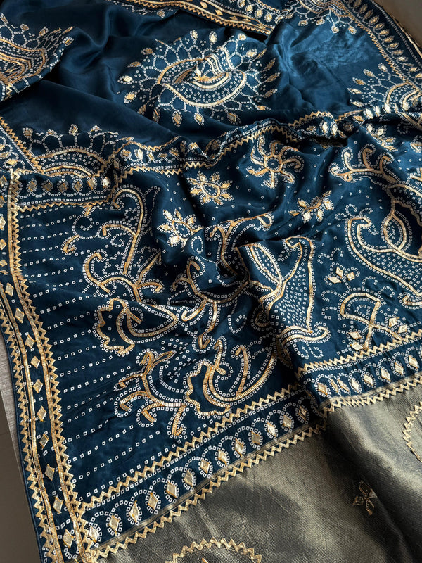 Pure Munga Silk Saree with Traditional Sikhiya Gotapatti Work