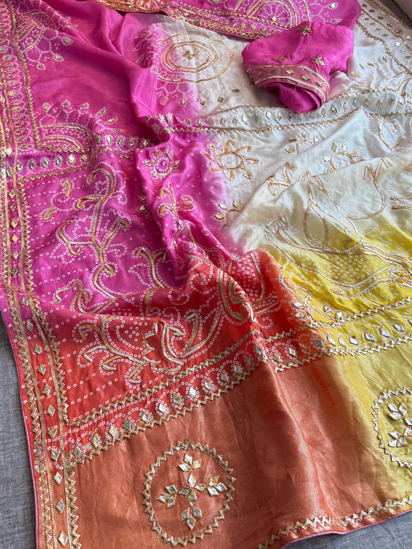 Pure Munga Silk Saree with Traditional Sikhiya Gotapatti Work