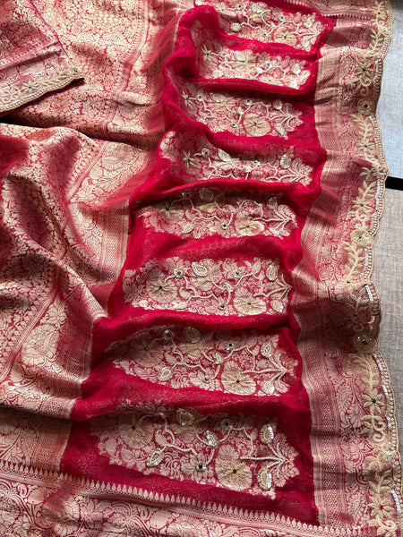 Khaddi Georgette Banarasi Silk Saree with Zardozi & Premium Stone Work
