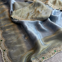 Soft Tissue Munga Silk Saree with Zardozi & Stone Hand Embellishment