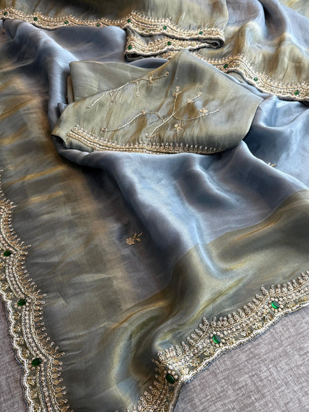 Soft Tissue Munga Silk Saree with Zardozi & Stone Hand Embellishment