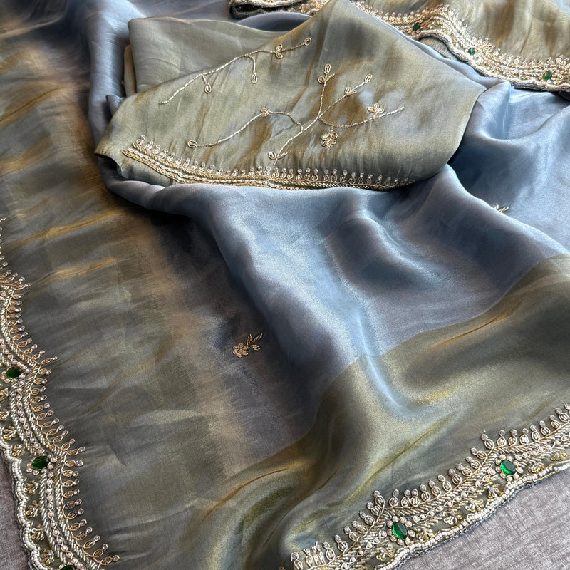 Soft Tissue Munga Silk Saree with Zardozi & Stone Hand Embellishment
