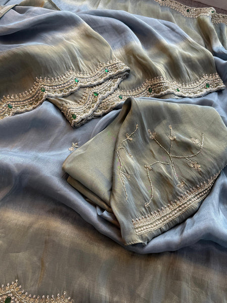 Soft Tissue Munga Silk Saree with Zardozi & Stone Hand Embellishment