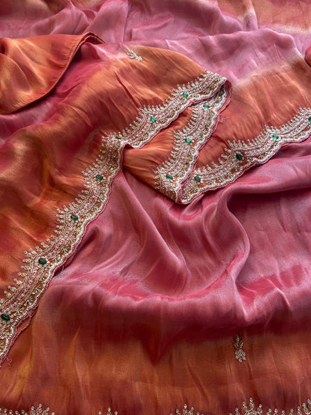 Soft Tissue Munga Silk Saree with Zardozi & Stone Hand Embellishment