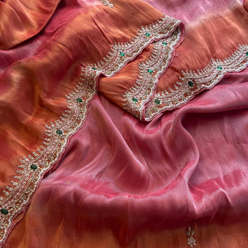 Soft Tissue Munga Silk Saree with Zardozi & Stone Hand Embellishment
