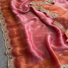 Soft Tissue Munga Silk Saree with Zardozi & Stone Hand Embellishment