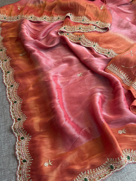 Soft Tissue Munga Silk Saree with Zardozi & Stone Hand Embellishment
