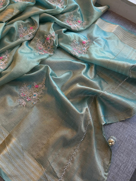 Crush Tissue Handloom Silk Banarasi Saree with Zardozi & Pearl Work