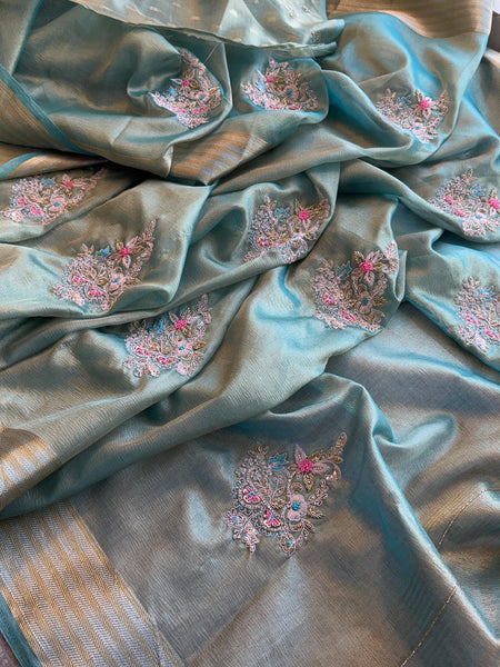 Crush Tissue Handloom Silk Banarasi Saree with Zardozi & Pearl Work
