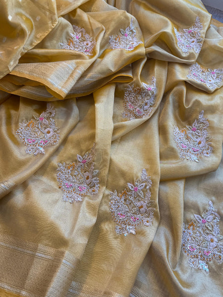 Crush Tissue Handloom Silk Banarasi Saree with Zardozi & Pearl Work