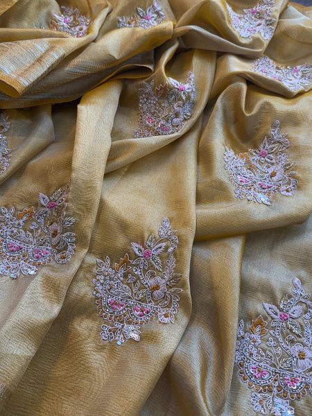 Crush Tissue Handloom Silk Banarasi Saree with Zardozi & Pearl Work