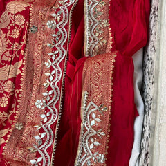 Pure Cosmo Silk Banarasi Wedding Saree with Gotta Patti & Pearl Work